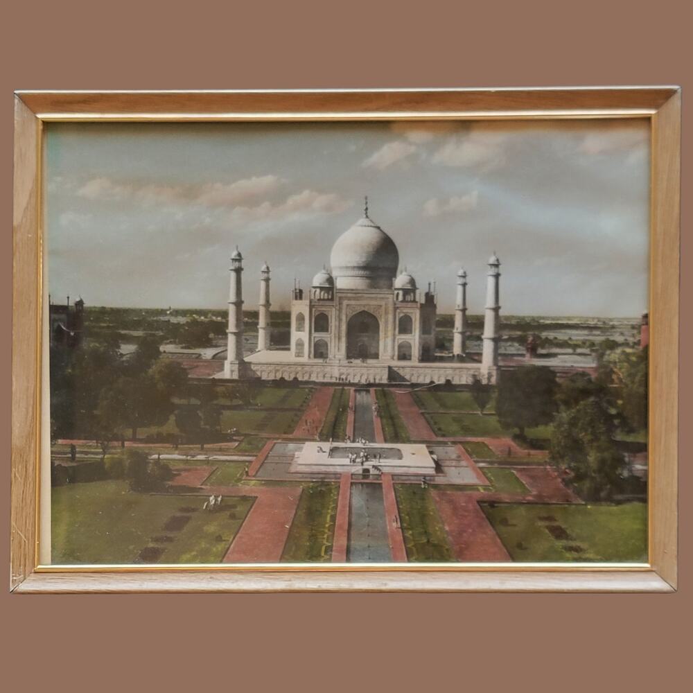 Vintage 1960s Framed Antique Photochrome Print of Taj Mahal and Reflecting Pool